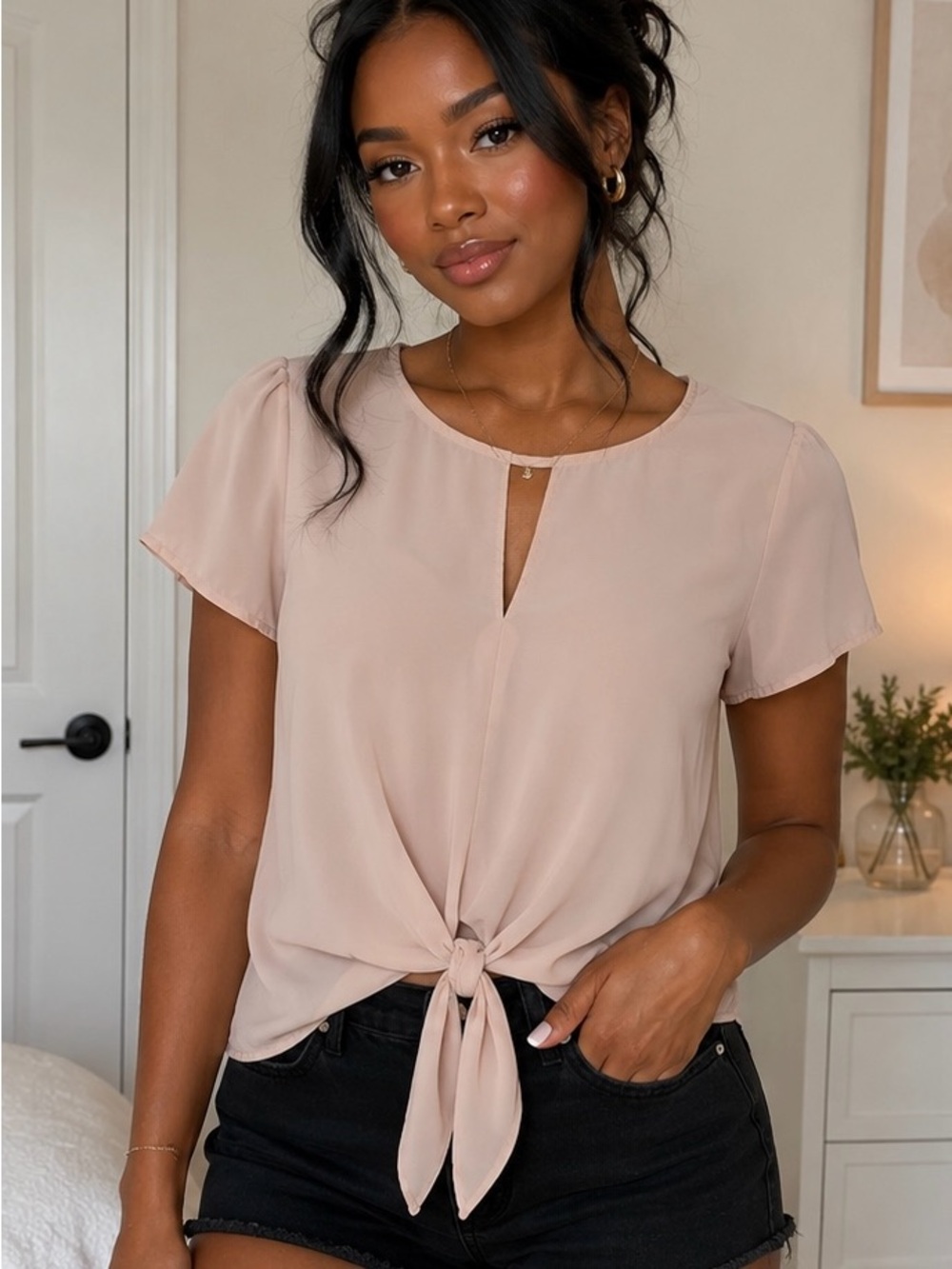 Tie-Front Short Sleeve Top in Blush